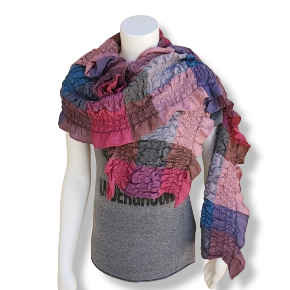 SMOCKED ELASTIC CRINKLY Ruffled Scarf Stretch Wrap Shabby Chic Hijab Rectangular - Picture 8 of 16